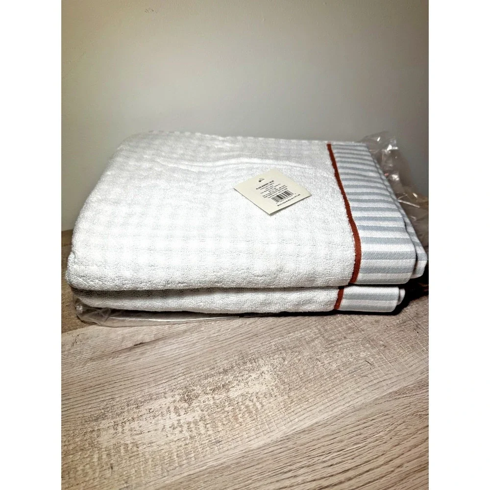 NWT Threshold 2PC 100% Cotton Bath Towel Traditional Gingham Plaid Blue/White‎